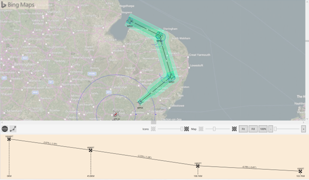 An arrival procedure showing the nominal track, protection areas, and vertical profile.
