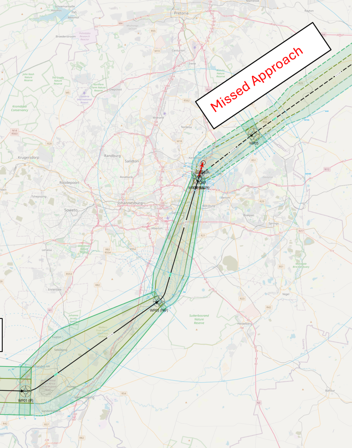 Flight procedure design software interface showing real-time track adjustment